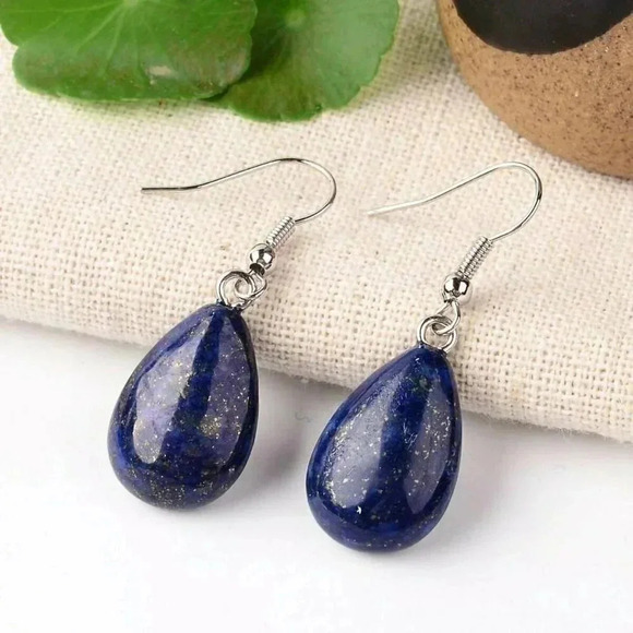 Handcrafted Natural Lapis Lazuli Puffed Teardrop Gemstone Dangle Earrings - Picture 1 of 2